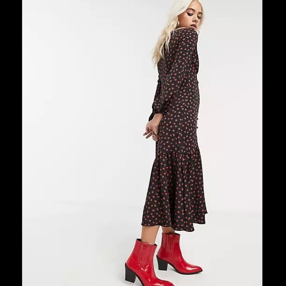 Topshop Black Floral Rose Print Button Down V Neck Midi Dress - Picture 8 of 9